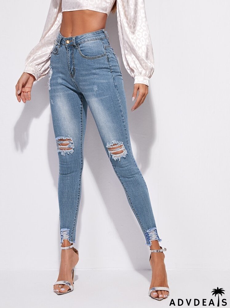 High Stretch Raw Hem Ripped Skinny Jeans