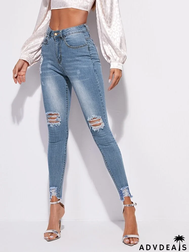 High Stretch Raw Hem Ripped Skinny Jeans