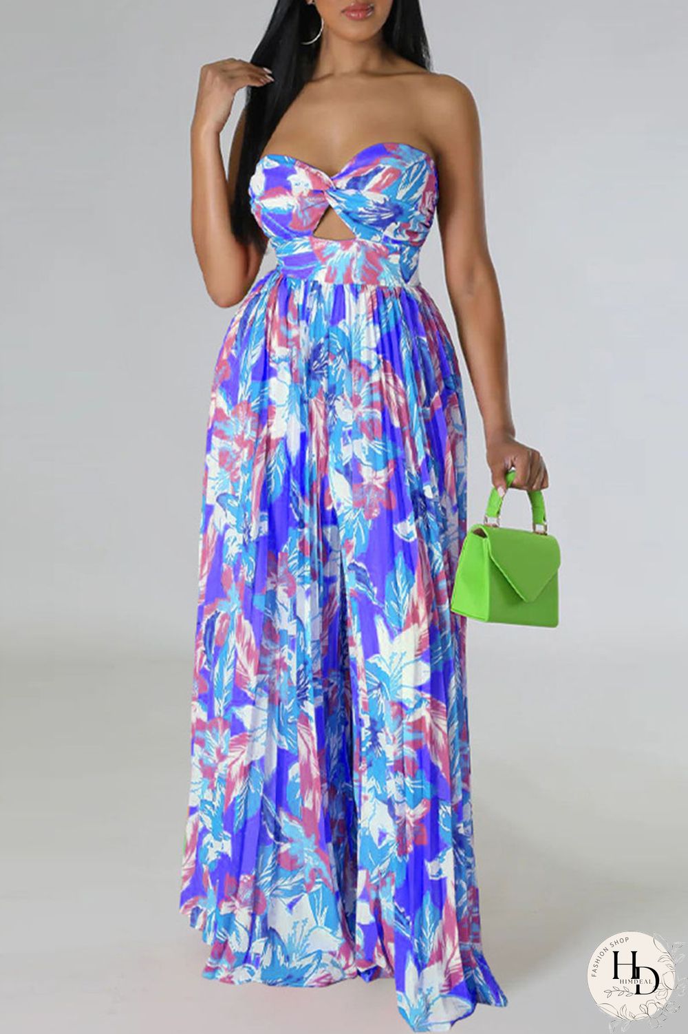 Tangerine Red Sexy Print Patchwork Strapless Straight Jumpsuits