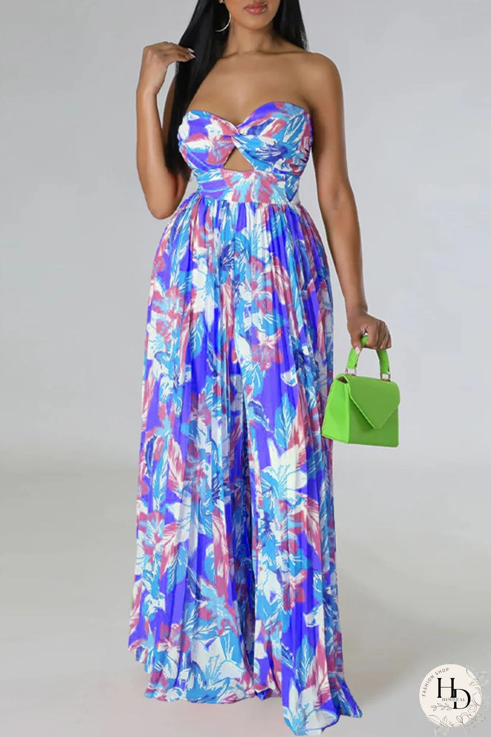 Tangerine Red Sexy Print Patchwork Strapless Straight Jumpsuits