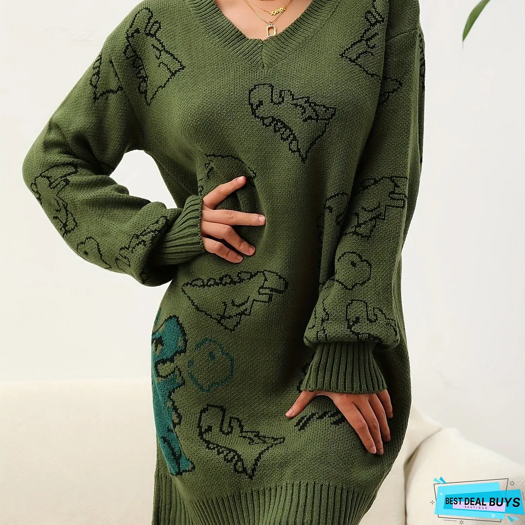 Cute Dinosaur Pattern V Neck Dress, Casual Long Sleeve Knitted Dress, Women's Clothing