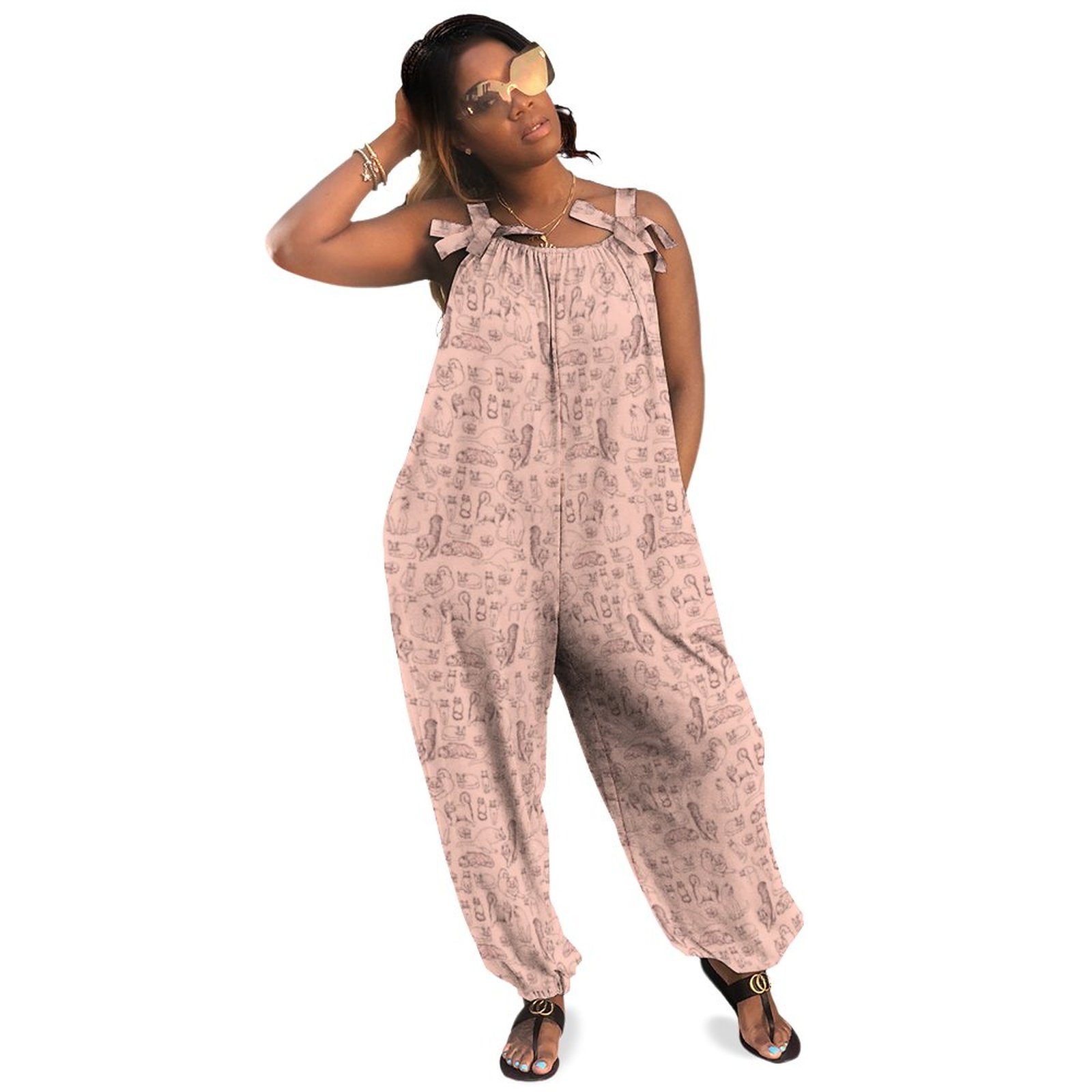 Light Pink Cat Sketches Women Plus Size Jumpsuit Summer Loose Harem Pants Casual Strap Romper Long Length Polyester Spandex