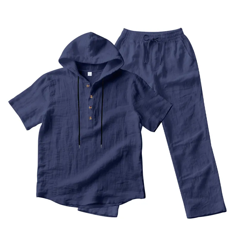 Men’s Summer Short Sleeve Shirt Set Lightweight Premium Linen Hooded Shirt & Loose Straight-Leg Pants Set