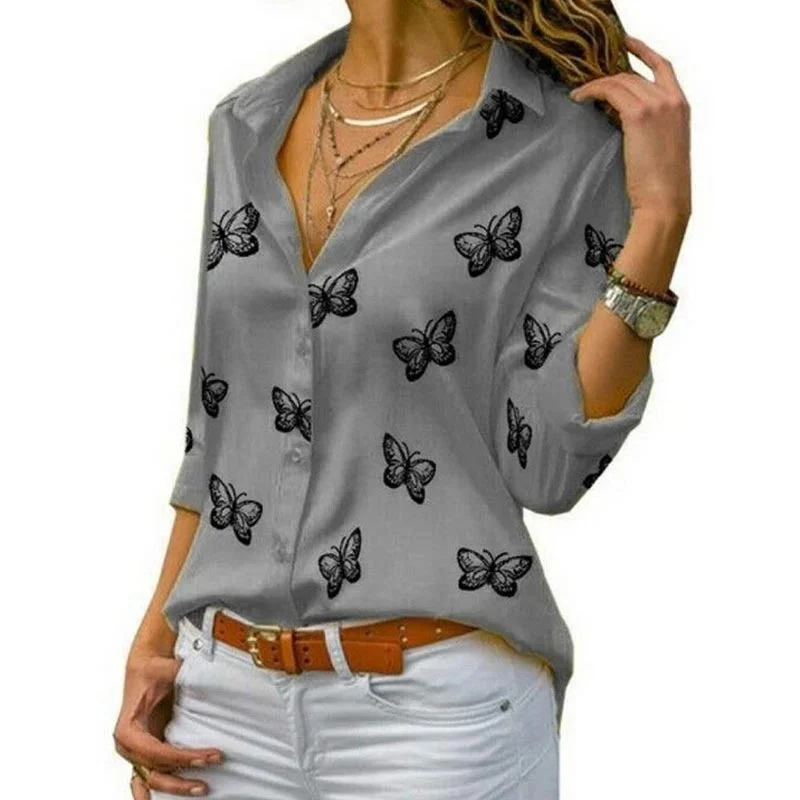 Gentillove Women Long Sleeve Blouse Oversized Spring Autumn Turn Down Collar Loose Office Lady Casual Butterfly Printing Basic
