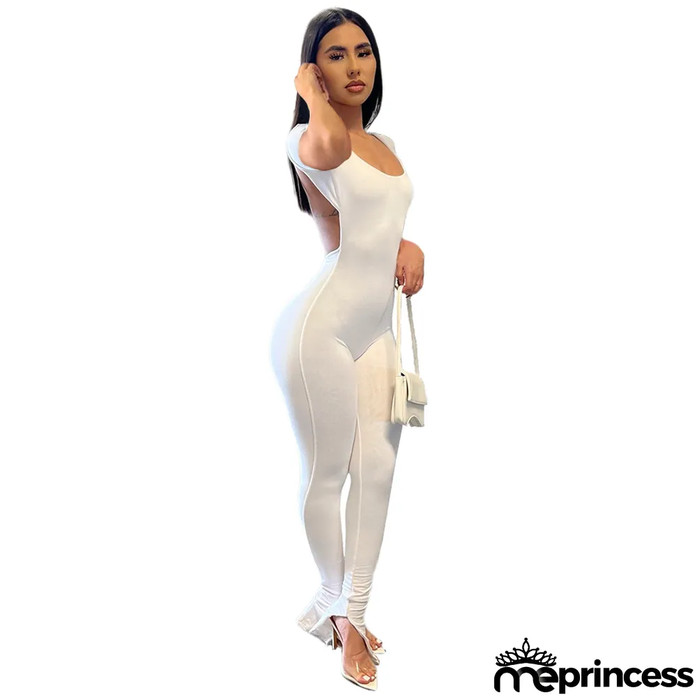 Women Sexy Solid Backless Split Flared Jumpsuit