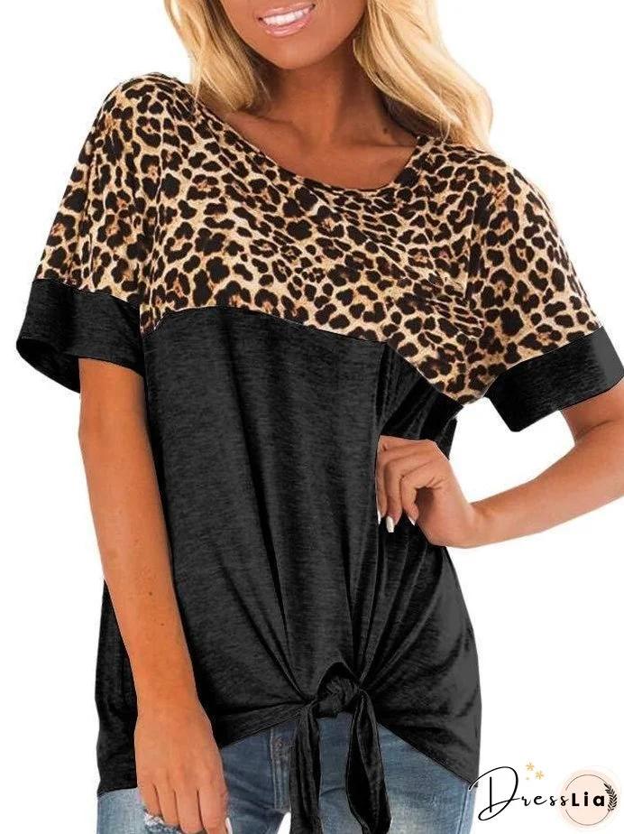 Leopard Print Stitching Ribbon Bow T-shirt for Women