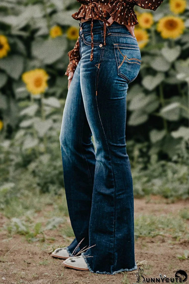 Mid Waist Embroidery Detail Raw Hem Flare Jeans