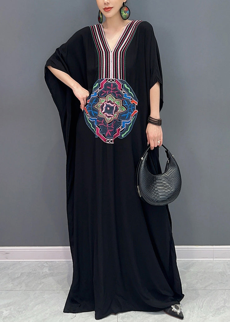 VCSHOES Loose Black V Neck Print Cotton Long Dresses Batwing Sleeve