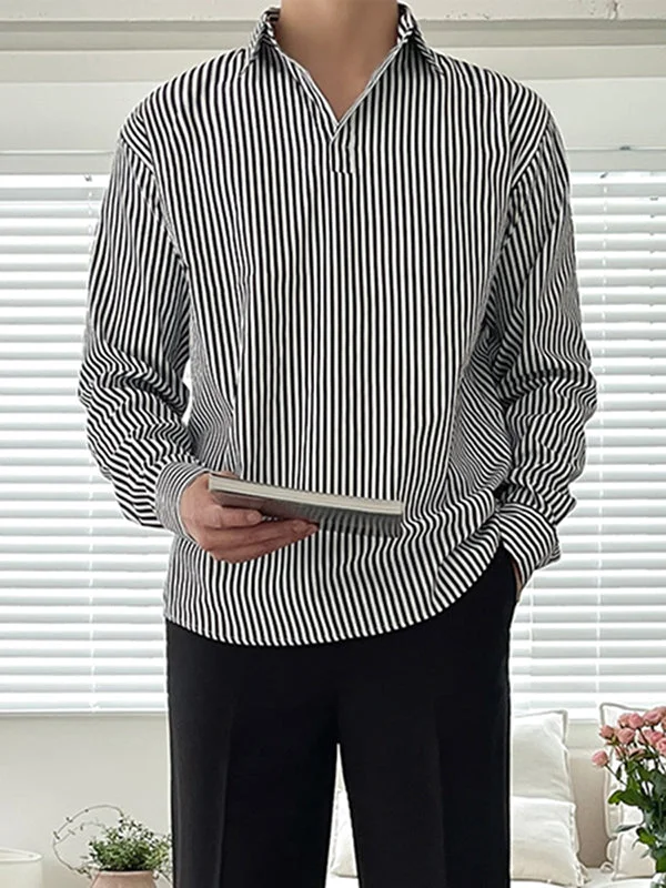 Aonga - Mens Striped Print Long Sleeve Lapel Shirt