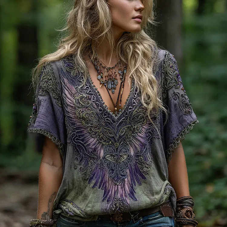 Women's Retro Viking Tribal Wings Art Linen T-shirt
