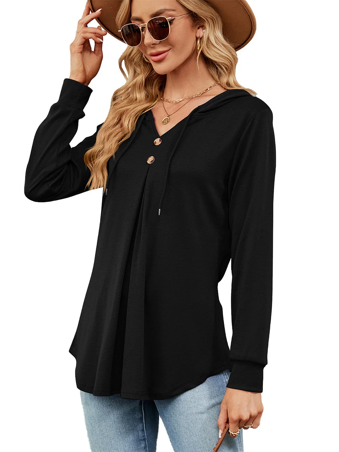 Women's Button V-Neck Long Sleeved Top