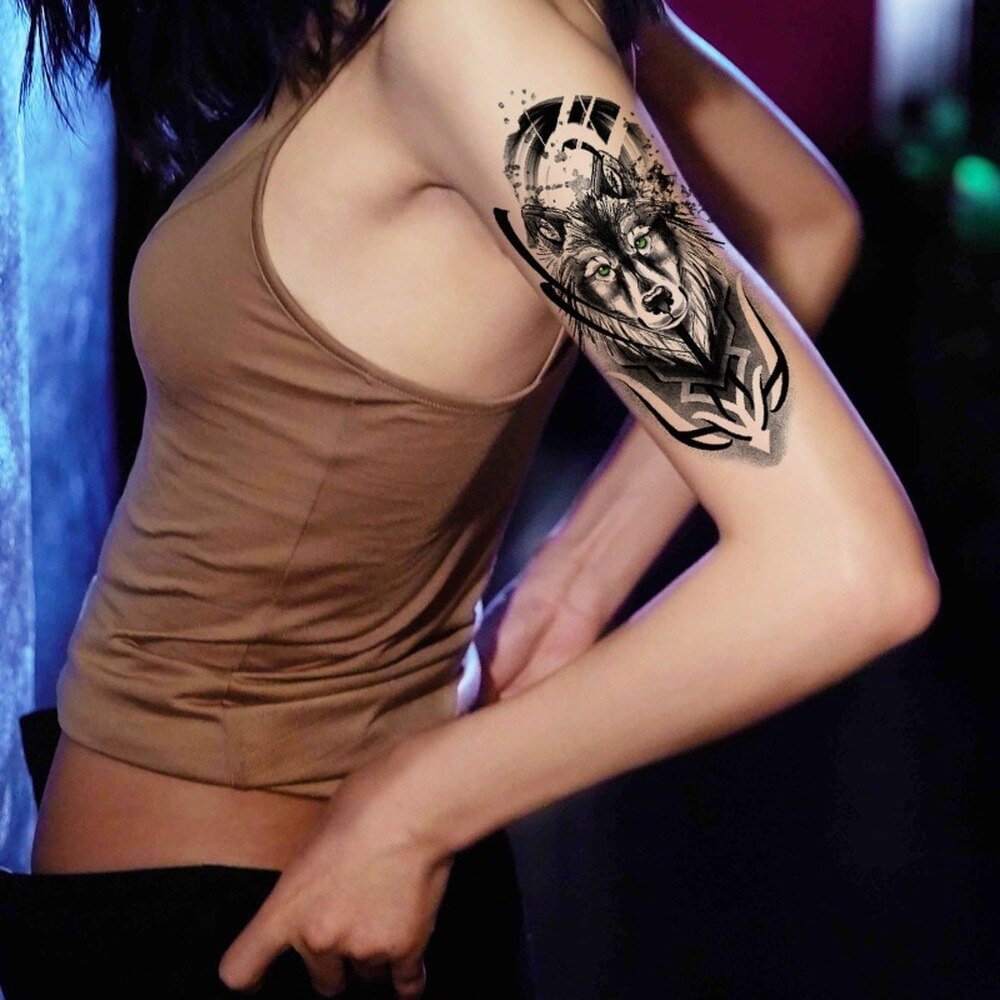 Gingf Temporary Tattoo Stickers Black Red Tattoo Black Wolf Lotus Mermaid Rose Flower Leg Chest Arm Fake Tatoo Man Woman