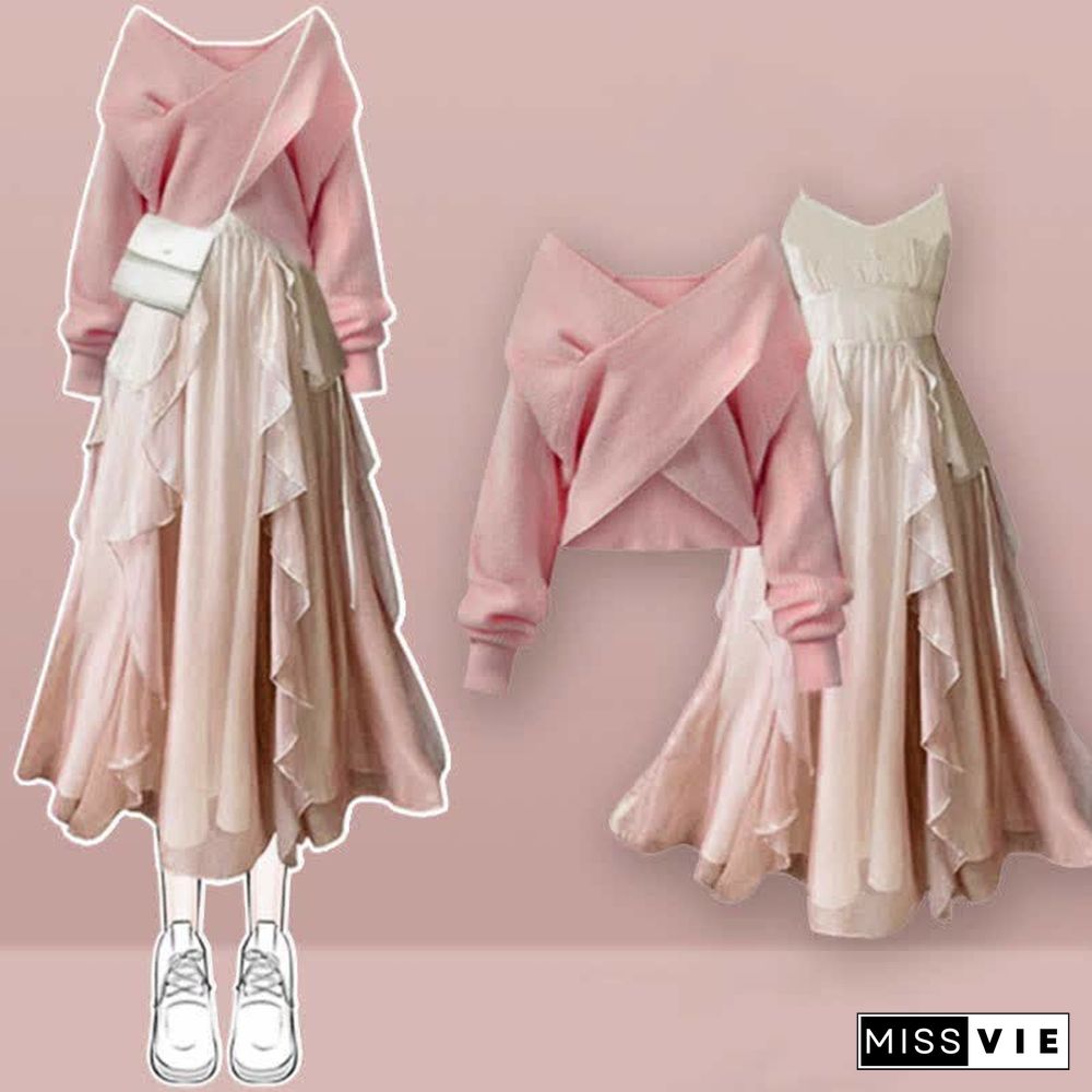 Cross Knit Sweater Flouncing A-line Slip Dress Two Pieces