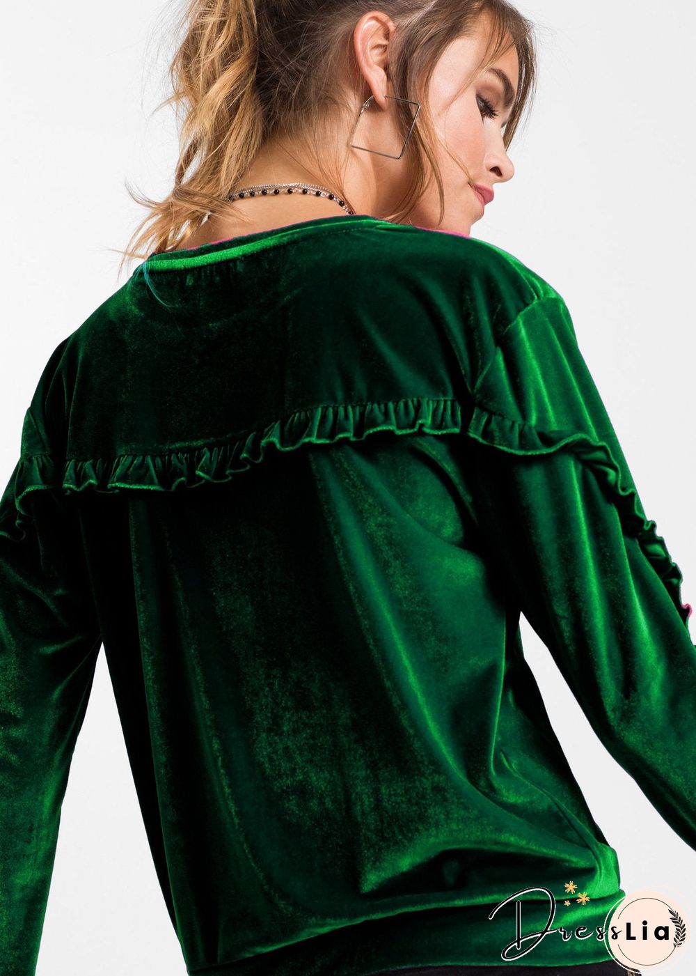 Round Neck Velvet Ruffled Velvet Shirt