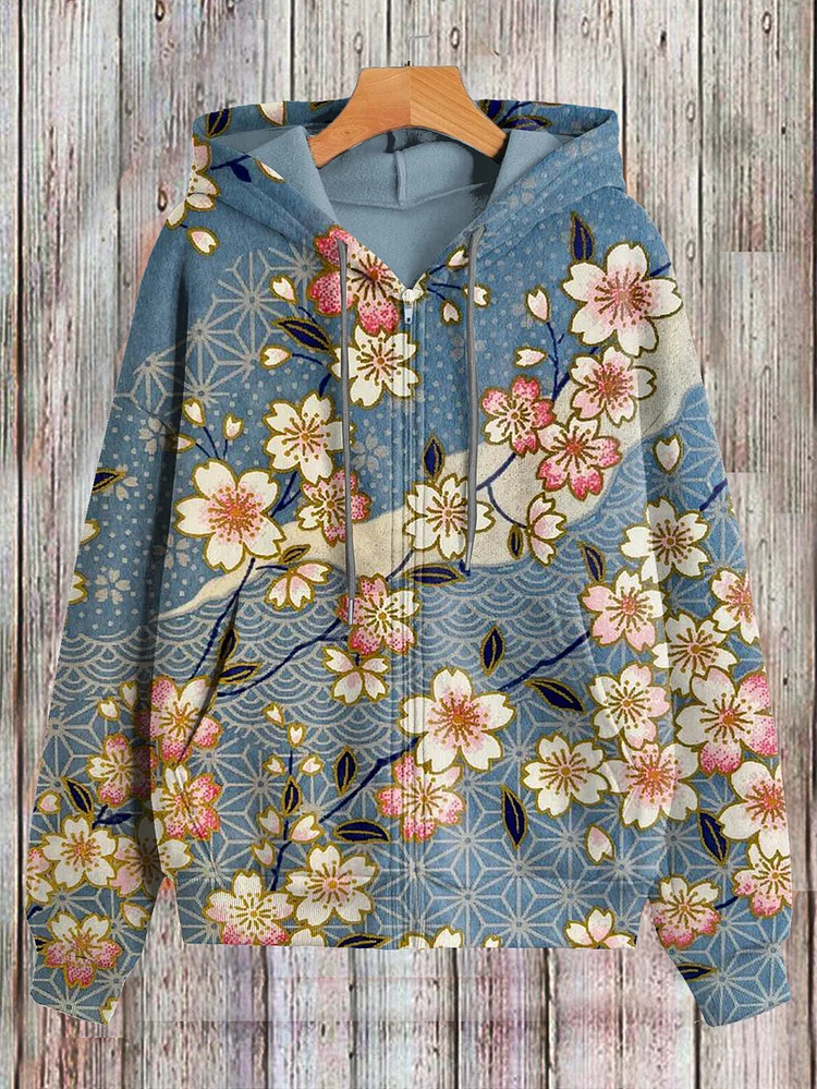 Women's Plants and Flowers Japanese Art Print Hooded Zip Up Jacket