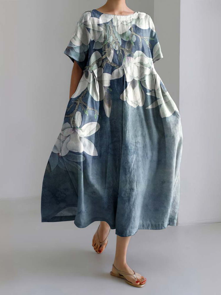 Comstylish Women Magnolia Flower Art Linen Blend Maxi Dress