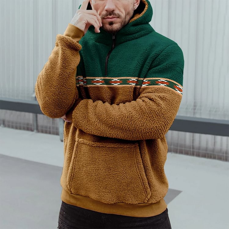 Men's Geometric Ethnic Casual Contrast Sherpa Hoodie