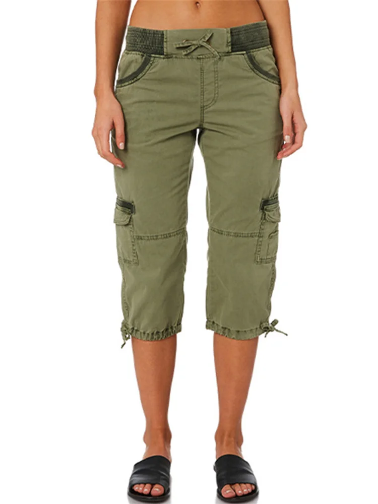 Washed Utility Cargo Casual Capri Pants