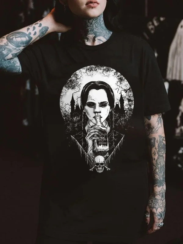 Gothic Dark The Addams Family Wednesday Crew Neck Short Sleeve T-shirt