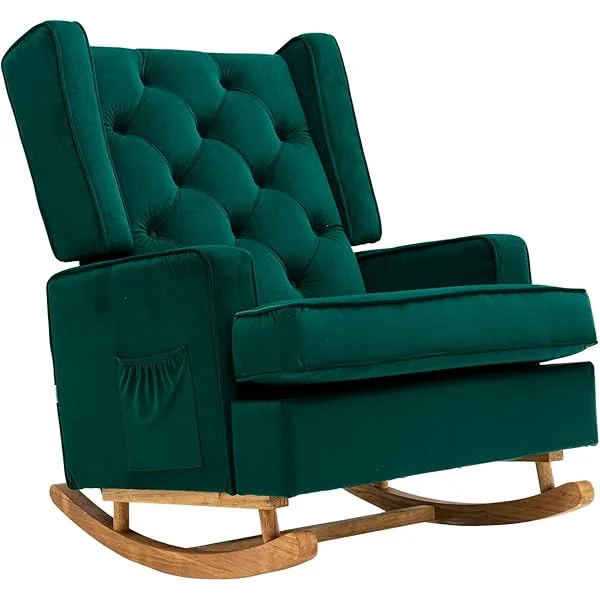 Comfortable Rocking Chair Nursery Upholstered Living Room Accent Chair with Rubber Wood Legs Glider Rocker High Back Arm Chair