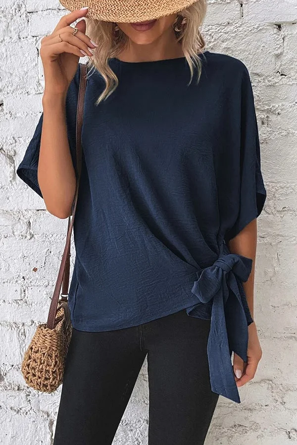 Solid Color Batwing Sleeve Hem Knotted Loose T Top