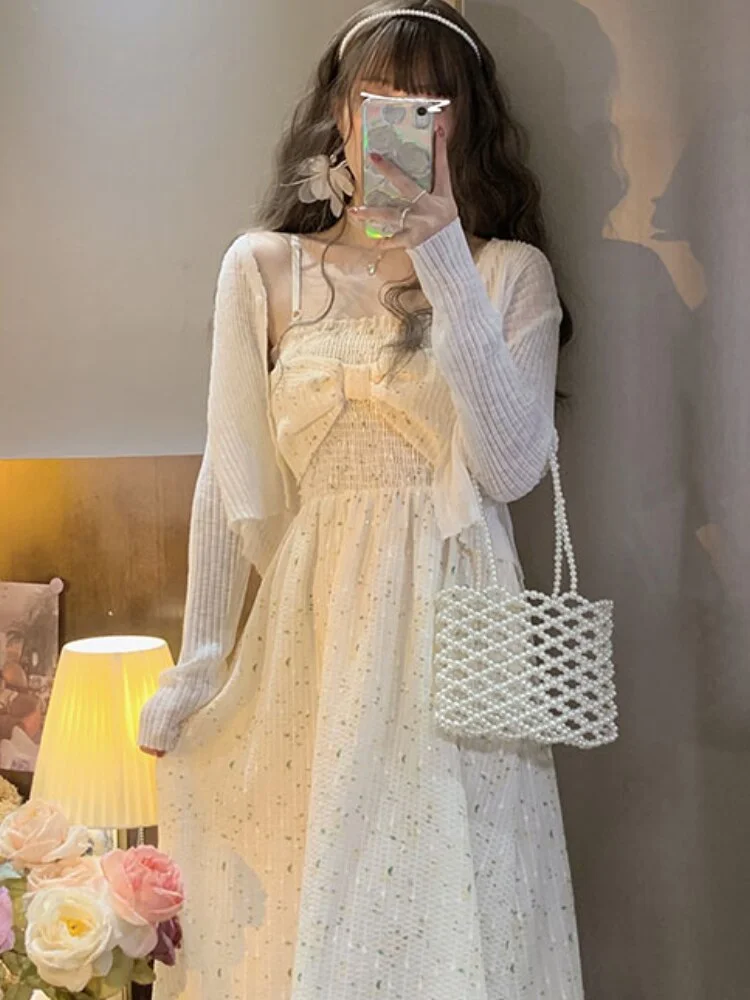 Cartoonh Elegant Fairy Straps Dress Women Summer Vintage Party Midi Dresses Female Korean Fashion Bow Beach Backless Dress 2022 New