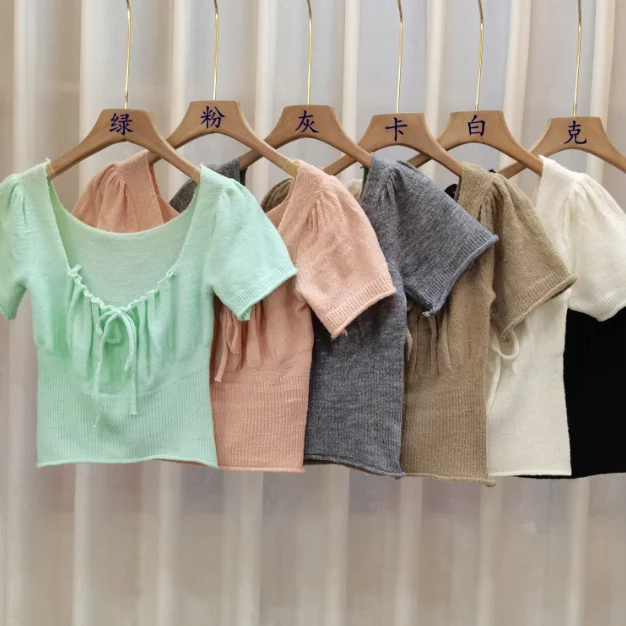 Uveng Uveng With Drawstring T-Shirt For Girls Summer New Retro French Style Collar Temperament Collar Collar Short Sleeve Top In Fashion