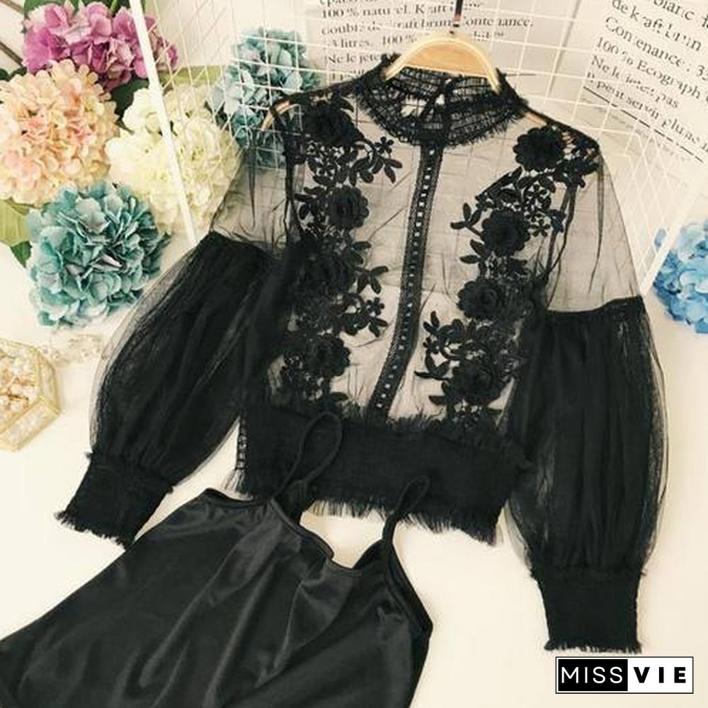 Spring Women Tops Fashion Sexy Sheer Lace Blouse Lantern Sleeve 3D Floral Blouses Shirts Elegant Top Blusas Femininas