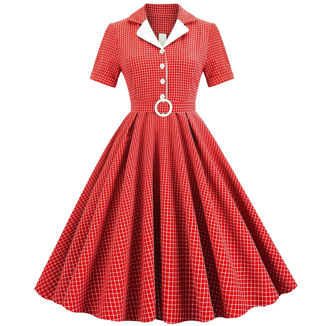 Zingj England Style Red Plaid Dress Women Summer Short Sleeves Sashes A-Line Casual Tunic Dress 50s Vintage Midi Party Dresses