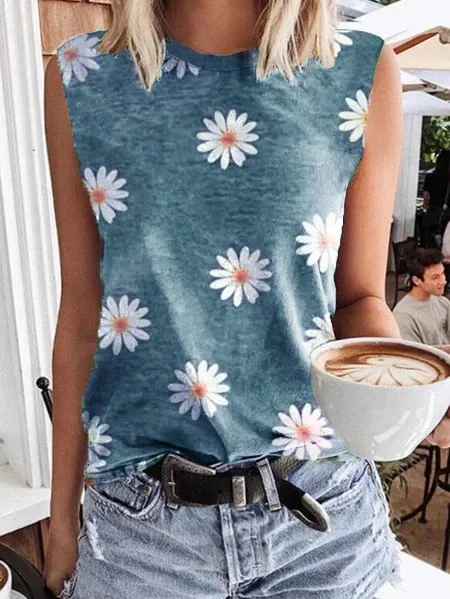 Sleeveless T-shirt with Daisy print round neck | IFYHOME