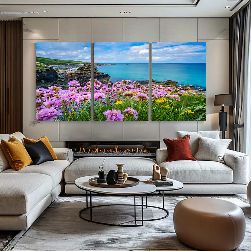 3-Piece Set Pink Wildflowers Coastal Blue Sea Canvas Art