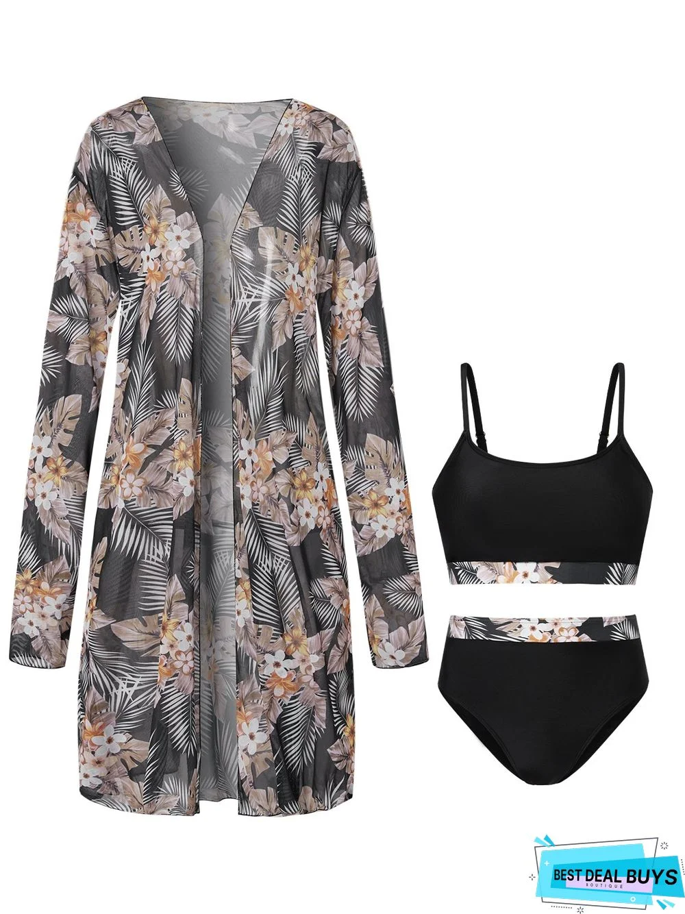 Elegant Plants Printing Scoop Neck Bikinis set Three-Piece Set
