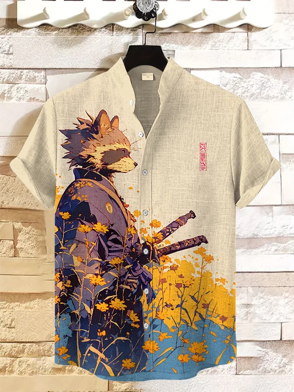 Men's Raccoon Samurai In Field Under Sunshine Print Casual Shirt