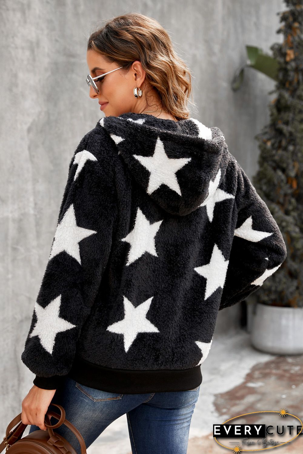 Black Star Print Zipper Fleece Hooded Coat with Pockets