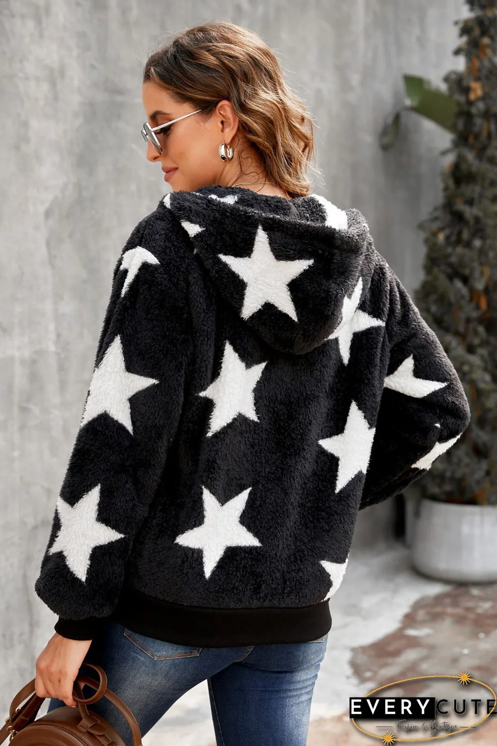 Black Star Print Zipper Fleece Hooded Coat with Pockets