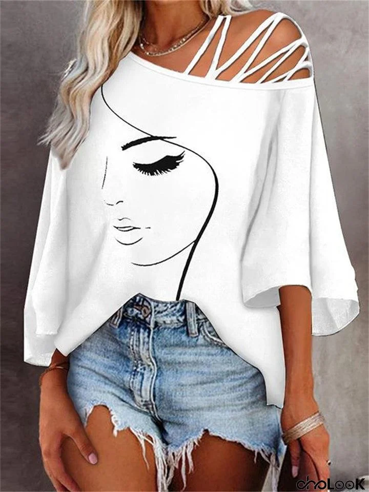 Trendy Asymmetrical Collar 3/4 Sleeve Face Print Tops for Women