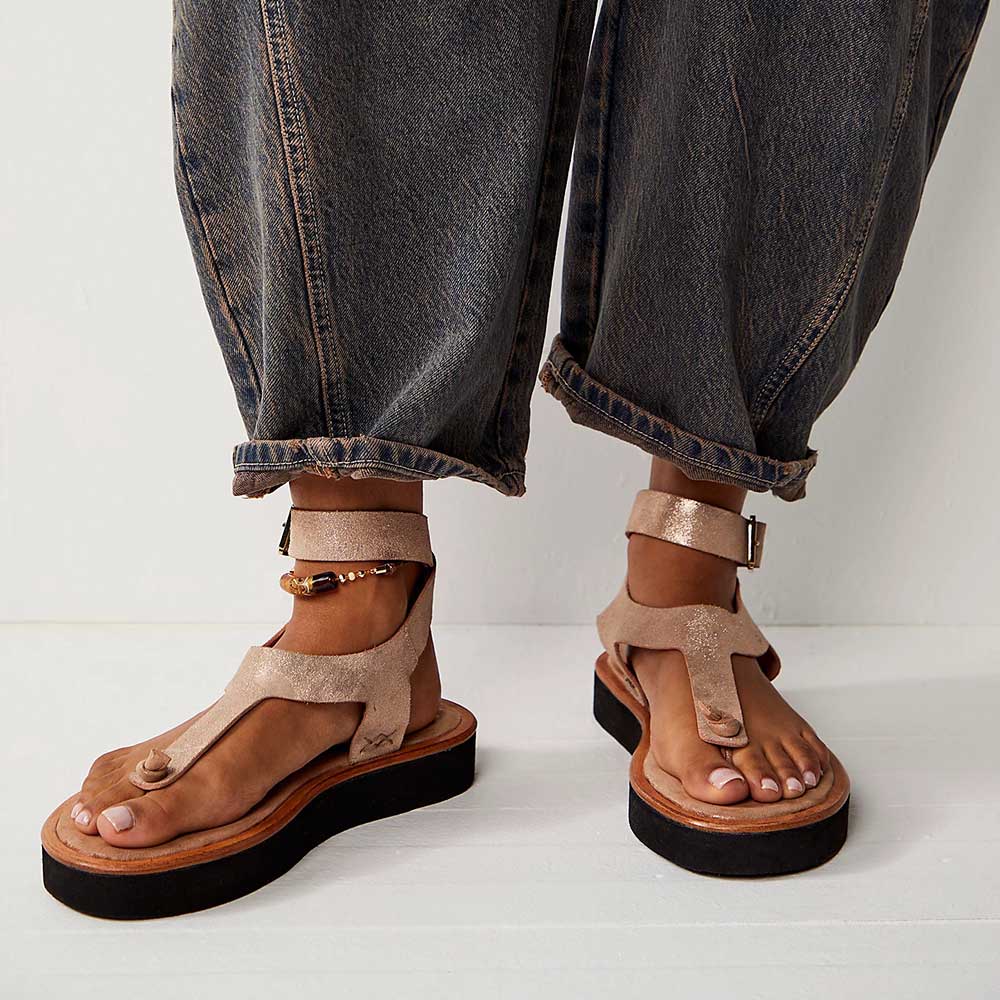 Rose Gold Vegan Leather Open Toe Flat Ankle Strap Sandals for Women Nicepairs