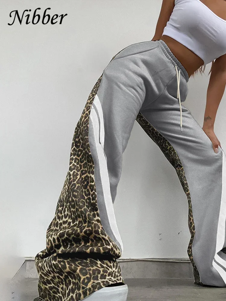 Hedirax  Side Stripe Women Flare Pants Autumn Hipster Leopard Patchwork Pocket Casual Wild Basic Street Sports Sweatpants Trousers