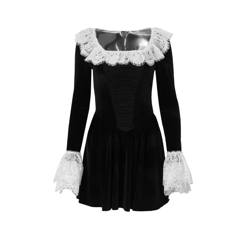 Brownm Brownm 2024 New Product Fashion Sexy Temperament French Court Lace Lace Velvet Long-Sleeved Dress