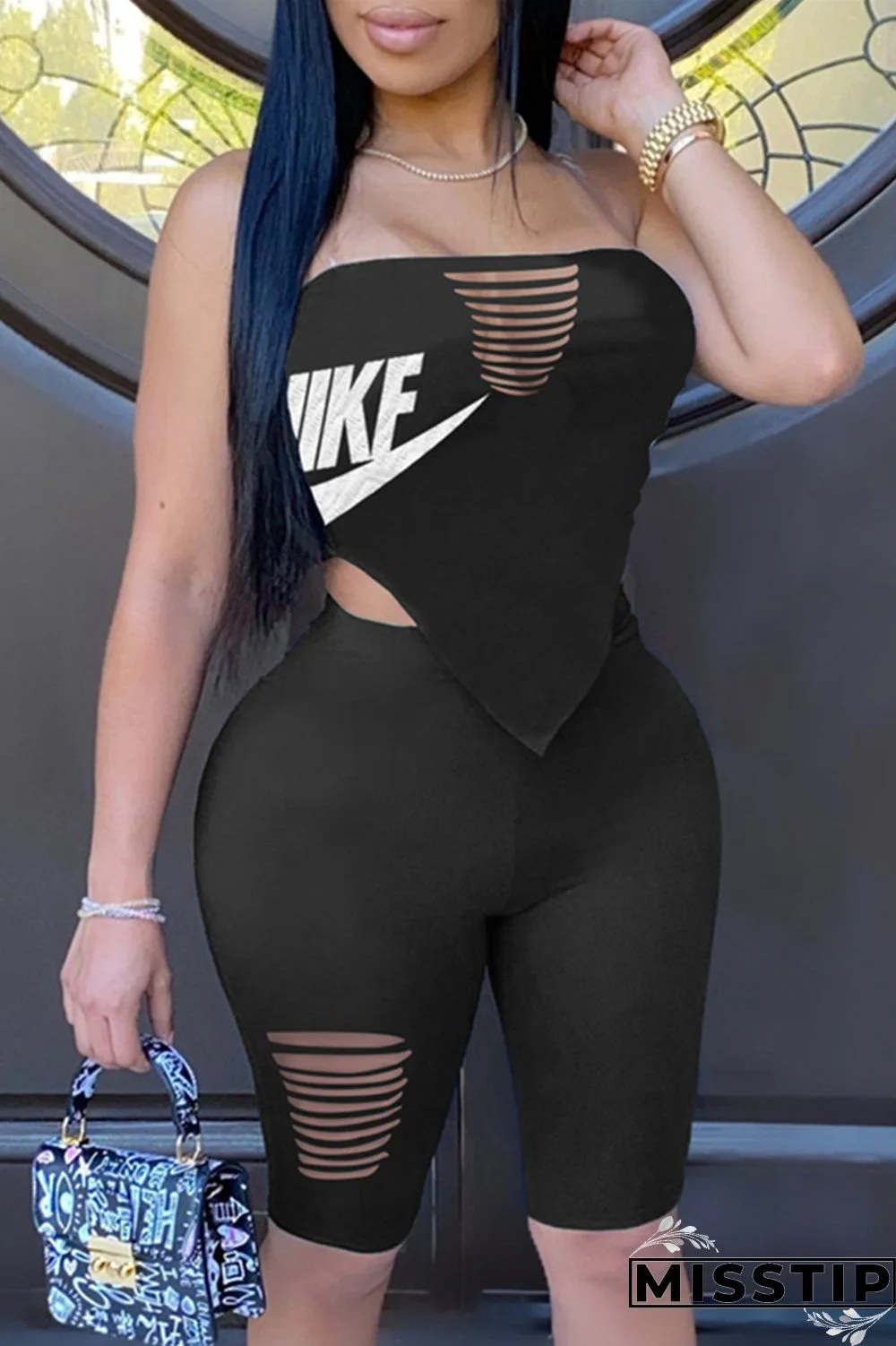 Black Sexy Casual Embroidery Ripped Backless Strapless Sleeveless Two Pieces