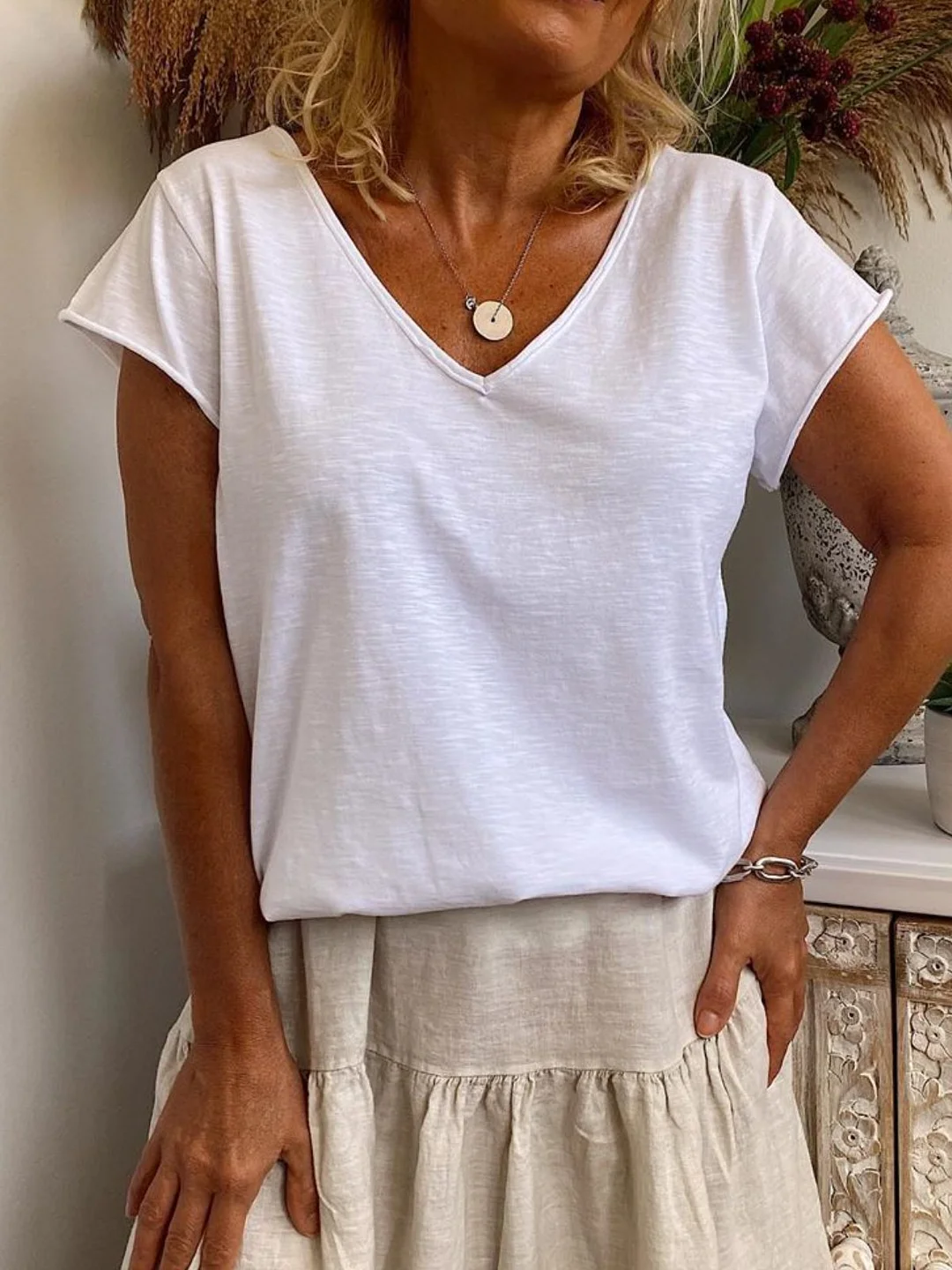White Short Sleeve Casual Solid Shirts & Tops