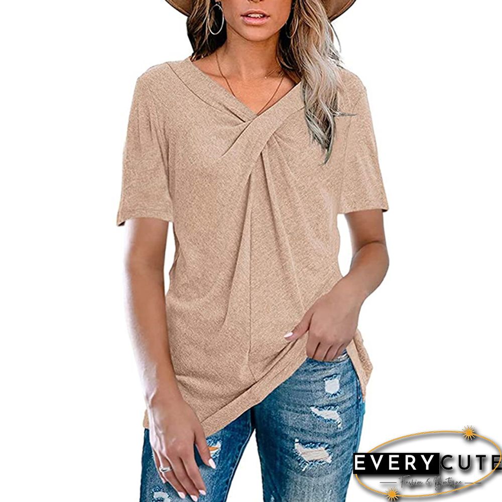 Khaki Front Pleated V Neck T Shirt