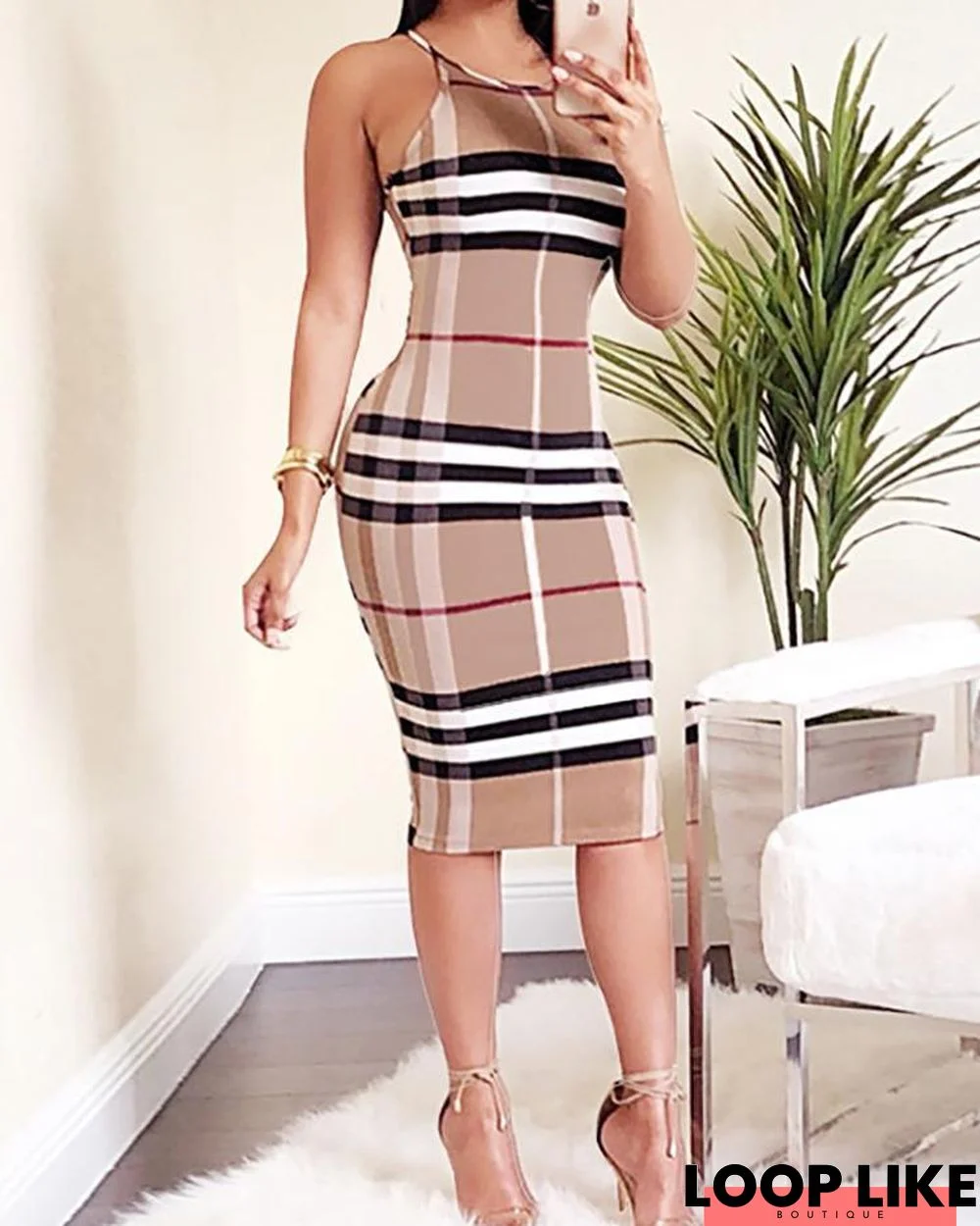 Elegant Halter Plaid Sheath Midi Dress