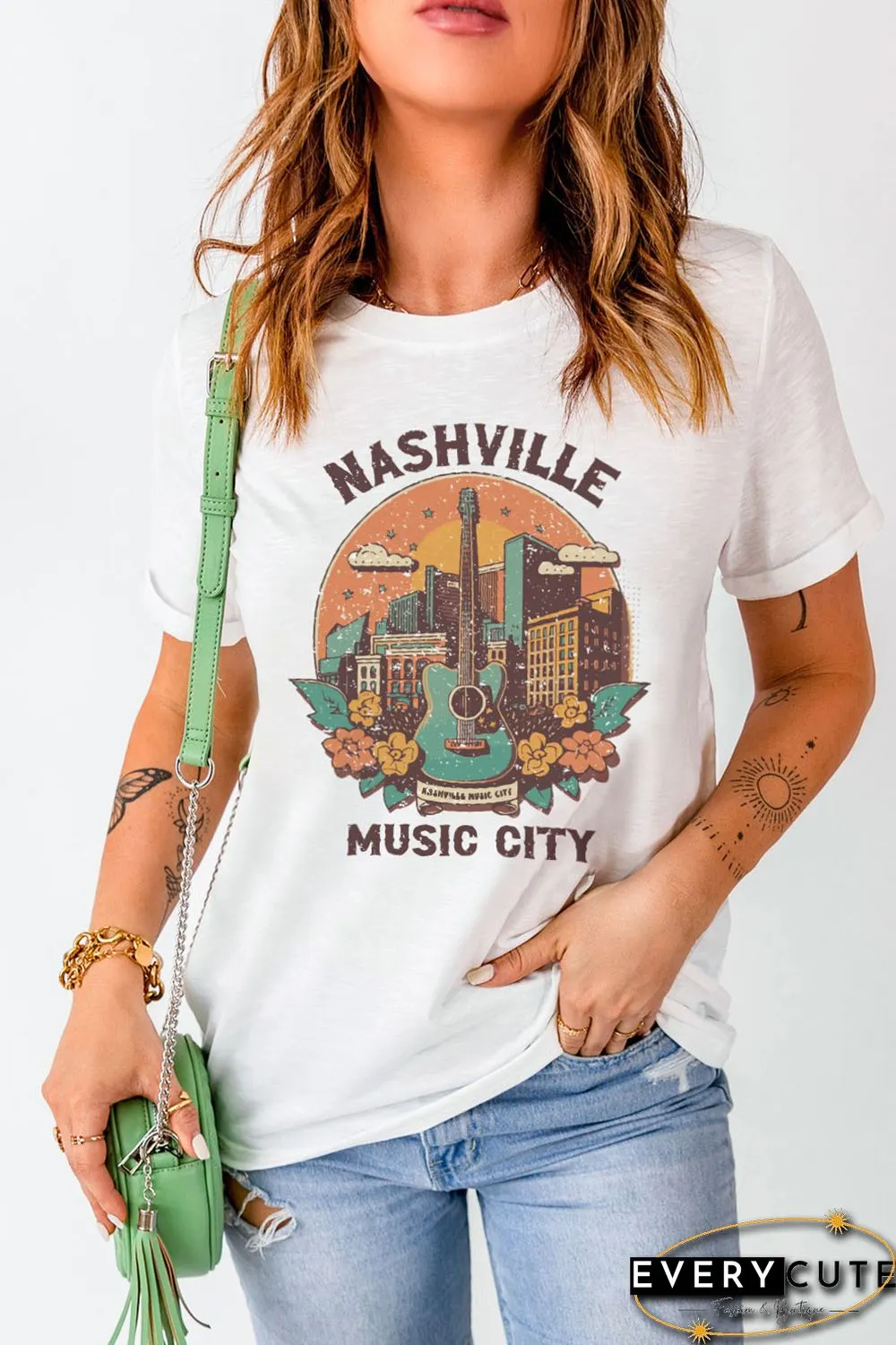 White Nashville Music City Graphic Short Sleeve Tee