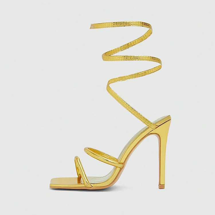 Gold Metallic Stiletto Heel Square Toe Wrapped Sandals |FSJ Shoes