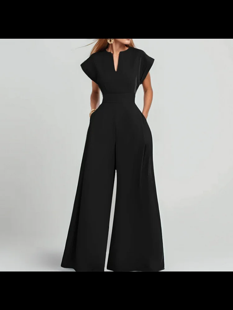 Women's Vibrant Green V-Neck Jumpsuit - Stylish Short Sleeve Wide-Leg Romper With Tie Waist, Perfect For Spring/Summer/Fall, Casual Attire, Casual Attire | Vibrant Jumpsuit | Polyester Fabric