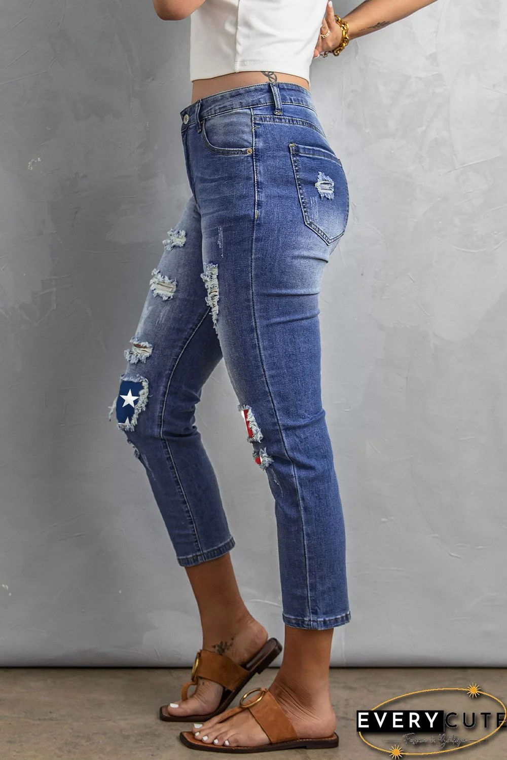 US Flag Patchwork Distressed Slim-fit Boyfriend Jeans