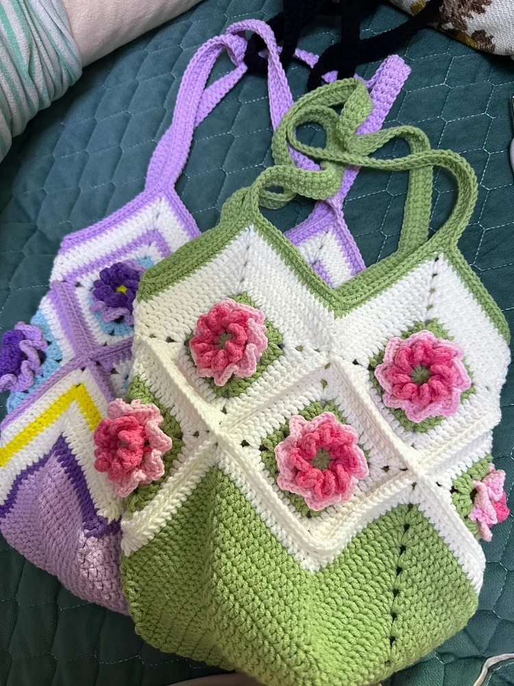 Lulusnow Handmade Green Rose Granny Square Beach Bag Crochet Tote Bag Shoulder Bag 