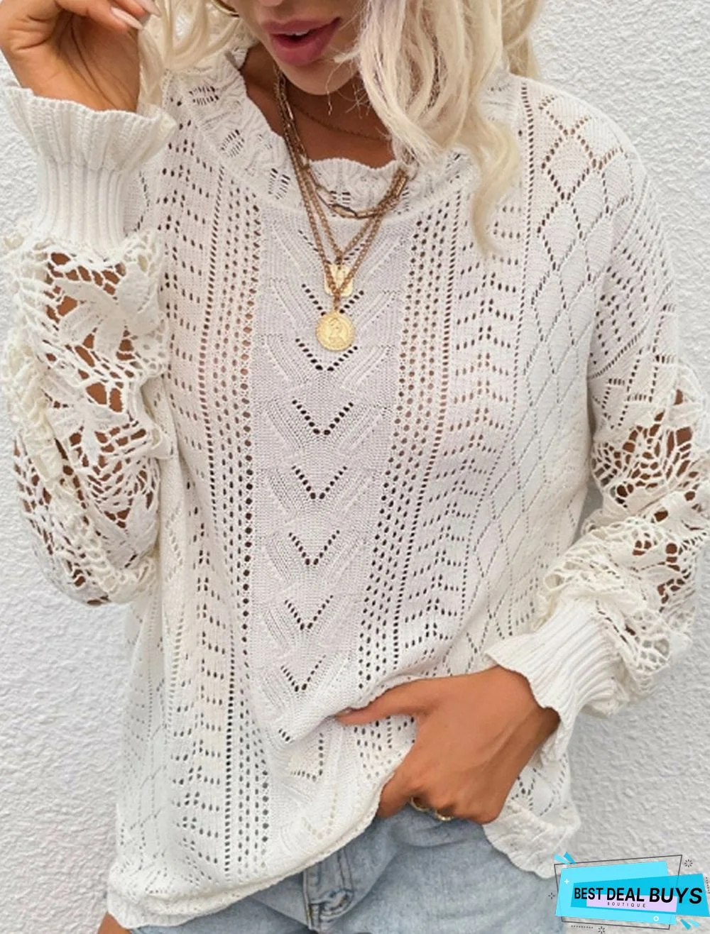 Fashion Solid Color All-Match Lace Stitching Sweater