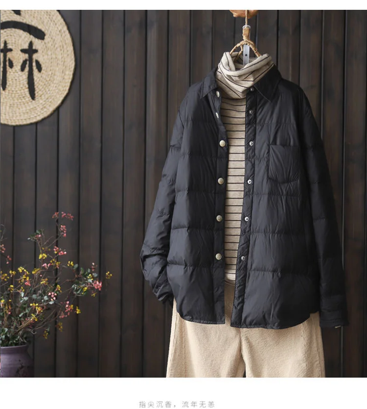 Toloer Literary Pure Color Shirt Collar Light Down Jacket Shirt Female Autumn And Winter 2024 New White Duck Down Fashion Down Jacket Coat-Outfit Ideas